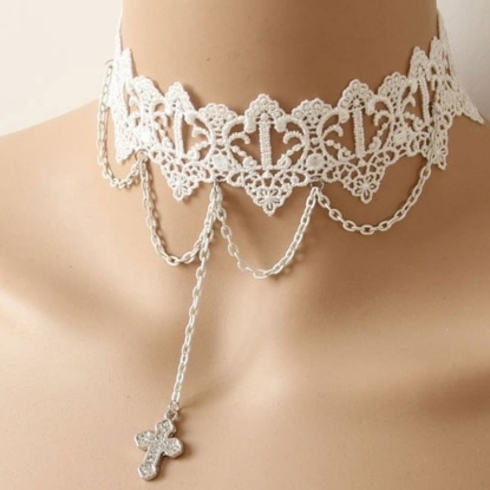 White choker with cross + silver trim